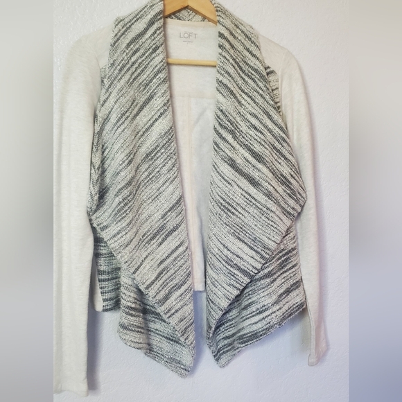 LOFT Cream & Gray Neutral Open Front Fitted Woven Knit Cardigan Sweater Sz Small - Picture 3 of 7